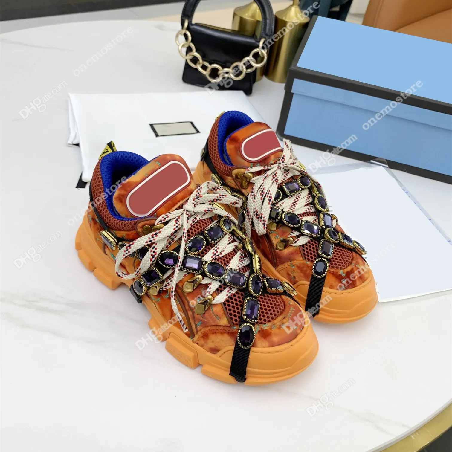 With Box flashtrek sneakers casual shoes luxurys womens designers sneaker with removable crystal Blue yellow black mens fashion outdoo Q26f