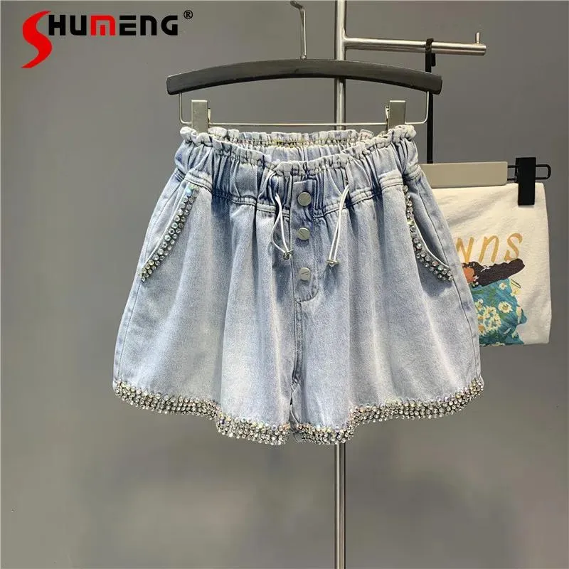 Jeans 2021 Zomer Europese vrouwen Nieuwe Exquise Rhinestone Denim Shorts Dames Fashion Oversized Losse Wide Been Een lijn jeans hot broek