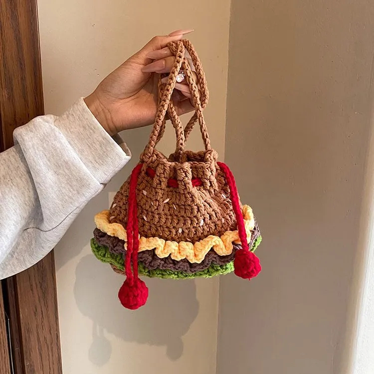 Children knitted Hamburger purse girls pompons drawstring single shoulder bag kids patchwork color crochet messenger wallet Z6077