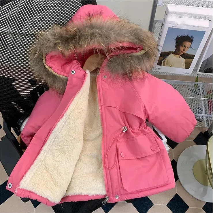 Jaquetas de inverno roupas infantis de pelúcia engrossado algodão casaco blusão meninos e meninas comprimento médio jaqueta cintura 231216