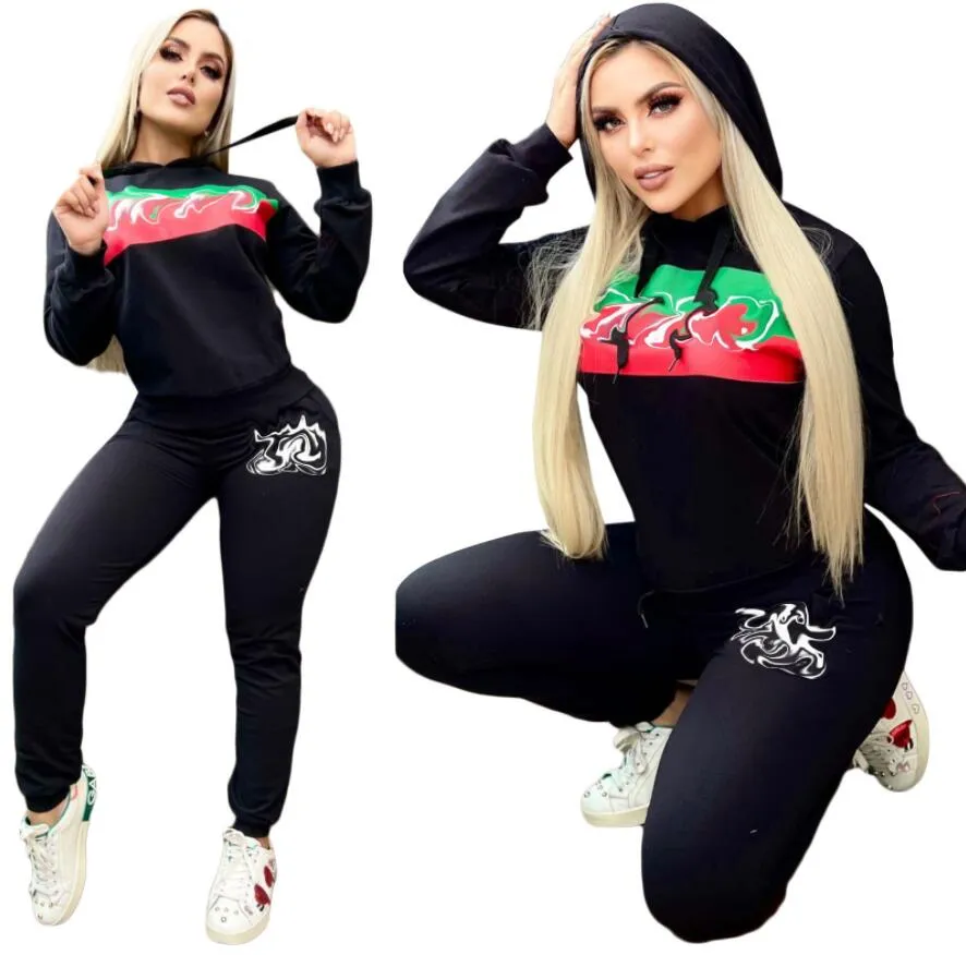 Nya vårens höstkvinnor Tracksuits Luxury Design 2 Piece Set Letter Print Black Jacka Lång ärm Pullover Sport Hooded Hoody Tops och Casual Pants