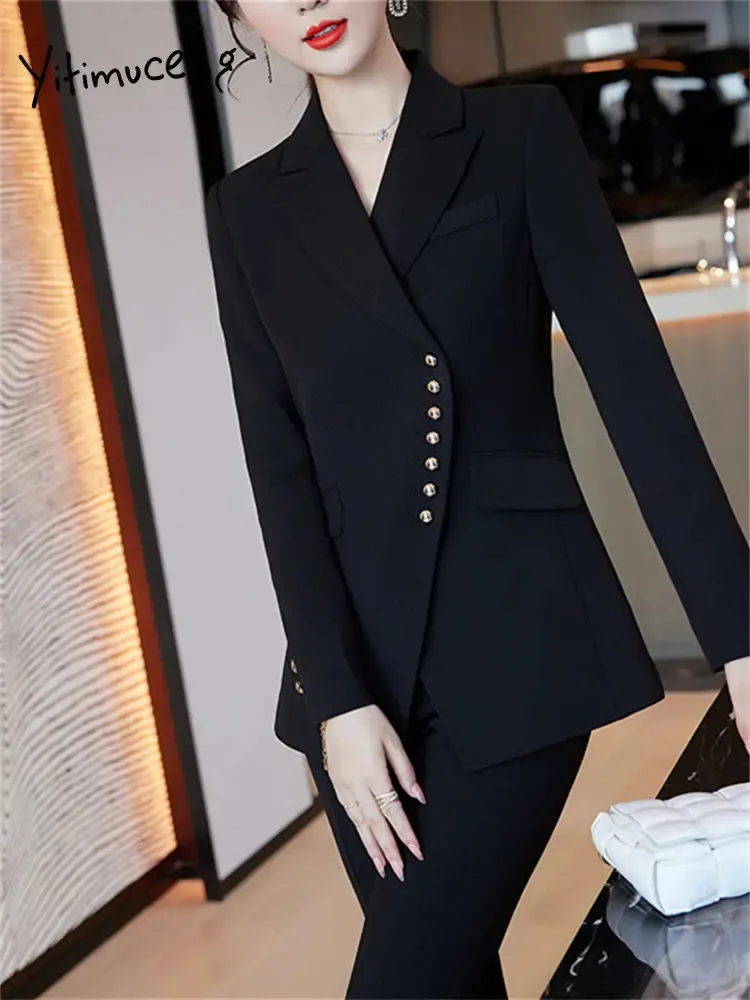 Kvinnors kostymer blazers yitimuceng solid för kvinnor 2023 mode asymmetrisk enkelbröst toppar kontor damer smala hög midja flare byxor set 231215