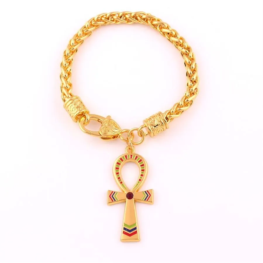 Bracelet Vintage égyptien avec pendentif en croix Ankh, symbole de vie, couleur or, breloque en cristal et émail, ornement à maillons de blé, chaîne 252R