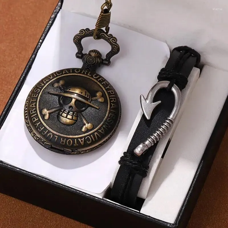 Relógios de bolso retrô punk pirata capitão faca dupla relógio de quartzo com colar corrente pingente pulseira presente para homens relógio vintage