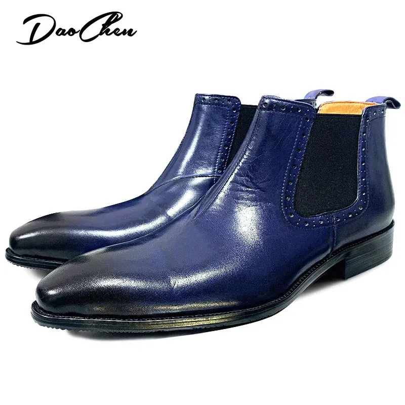 Botas de marca de luxo botas de tornozelo masculino deslizamento em chelsea botas casuais homens vestido sapatos azul preto casamento escritório botas de couro masculino 231216