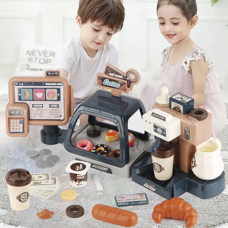 Cucine giocano alimentari per bambini giocattoli da cucina set di macchine da caffè set simulazione alimentare pane caffettiere fingendo giocattoli per il registro di cassa per bambini 231216