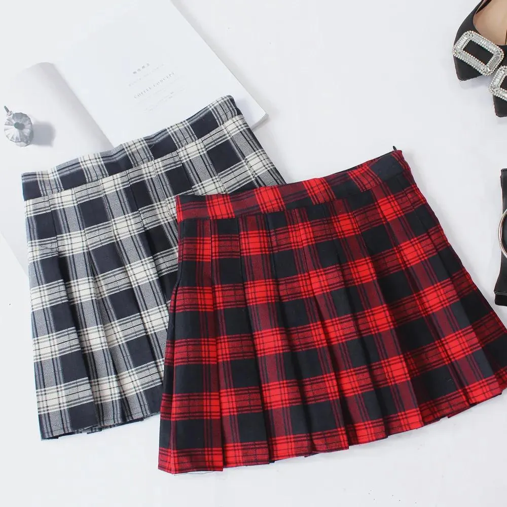 Dresses 2019 Spring Autumn Haruku Women Fashion Skirts Cute Red Lattice Pleated Skirt Punk Style High Waist Female Short Skirt