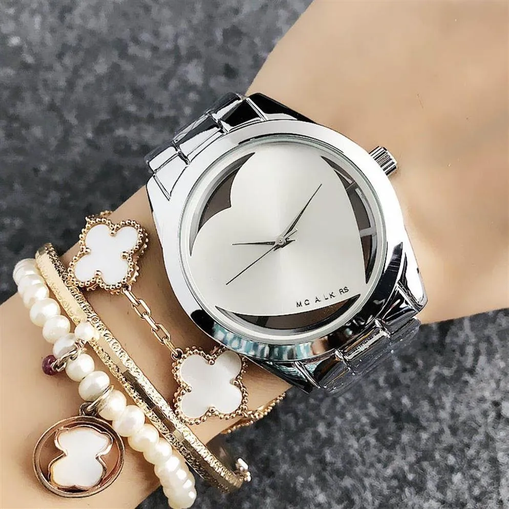 Mode Top Brand Women Lady Girl Heart-Shaped Hollow Dial Style Metal Steel Band Quartz Wrist Watch M60235B