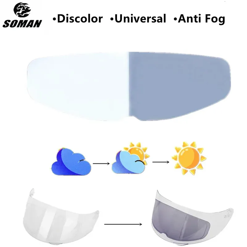 Utomhus Eyewear Soman Universal Discolor Helmet Visor Film Anti Fog For Shoei HJC K5 X14 Z8 Anti Fog Film Sunscreen Hjälm Tillbehör 231215