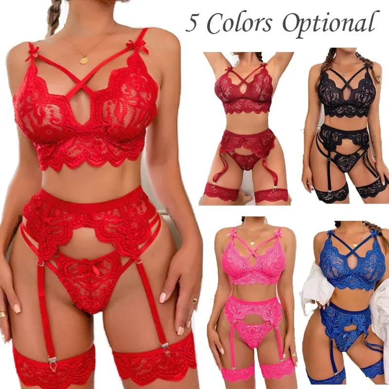 Set di reggiseni Set di lingerie sexy Set di biancheria intima di pizzo erotico Reggiseno con slip e giarrettiere 3 pezzi Scava fuori perizoma Costume da babydoll 231215