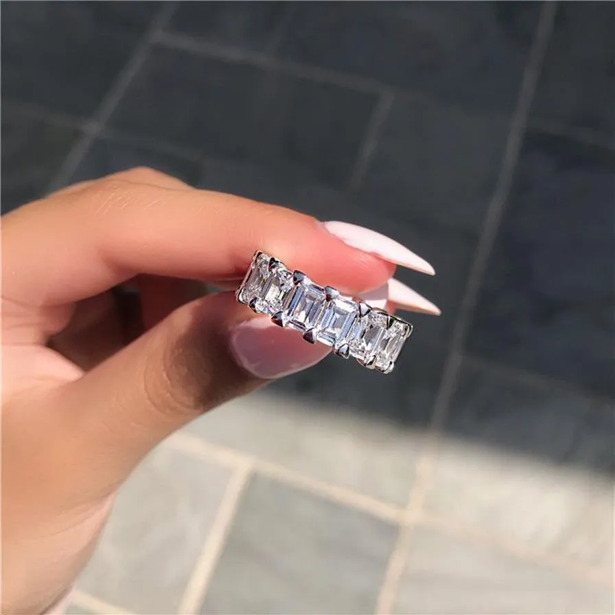 Vecalon Eternity Band Promise Ring 925 prata esterlina corte esmeralda diamante Cz anéis de casamento para mulheres homens joias finas240S