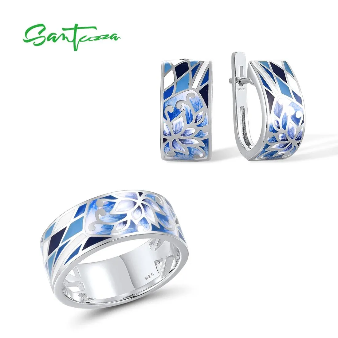 Ensembles Santuzza Sier ensemble de bijoux pour femmes pur Sterling Sier bleu fleur émail boucles d'oreilles ensemble de bagues à la mode bijoux fins faits à la main