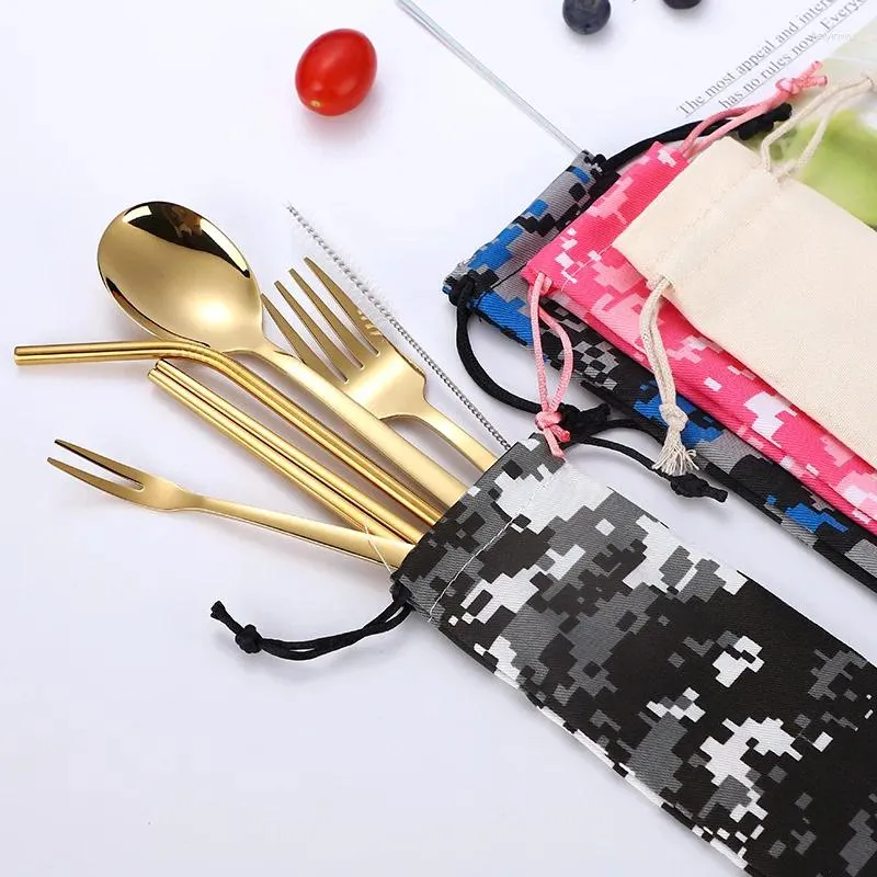 Dinnerware Sets 304 Stainless Steel Straw Spoon Fork Hat Set Camouflage Titanium Plating Creative Portable Bag Tableware Seven-piece