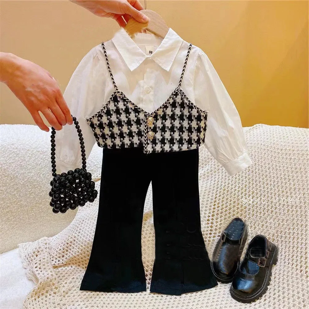 Clothing Sets Menoea Girls' Set 2023 Casual Polo Long Sleeve Shirt Plaid Chain Strap Pants Children's Kids Fashion 231215