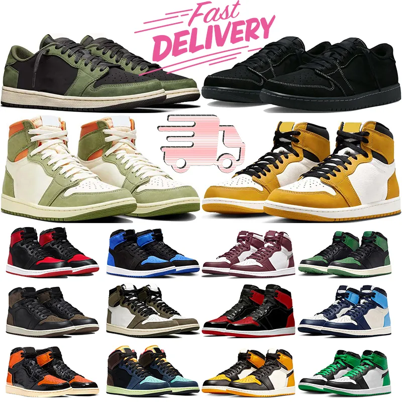 med Box Jumpman 1 basketskor 1s Low Mens Trainers Women Sneakers Black Phantom Olive Celadon Yellow ockra Satin Bred Taxi Bred Patent Outdoor Sports