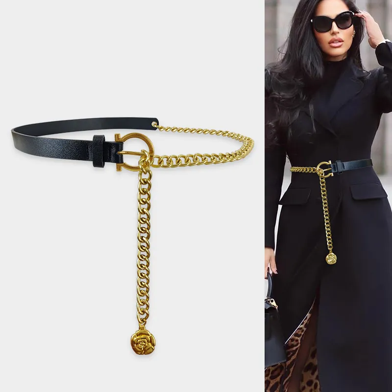 Gold Chain Belt Kvinnlig midja Punk Metal midjeband Lång designbälten för kvinnor Högkvalitativ klänning Korsettblomma mynt