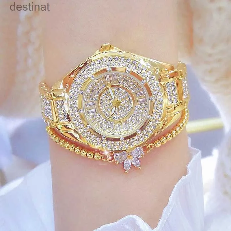 Montres pour femmes 2023 montres de diamant en cristal pour les femmes or Original élégant dames montre avec Bracelet ensemble cadeau en or Rose pour petite amie WifeL231216