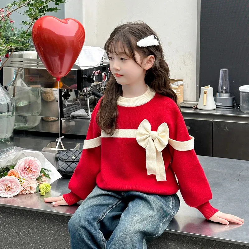 Pullover Principessa Ragazze Vestiti Maglione Anni Fiocco rosso Maglieria Pullover Autunno Inverno Morbido Bambini Maglioni Coreano O-Collo lavorato a maglia Top Carino 231215