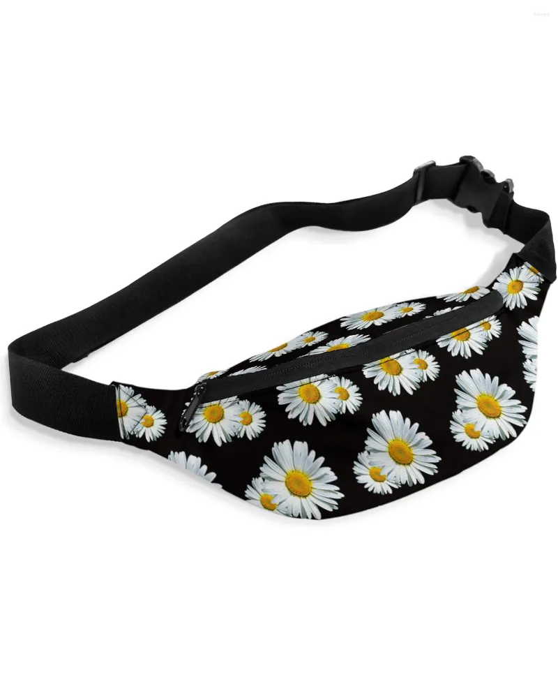 Sacos de cintura flor branca margarida preto packs bolsa de ombro unisex mensageiro casual moda fanny pack para mulheres