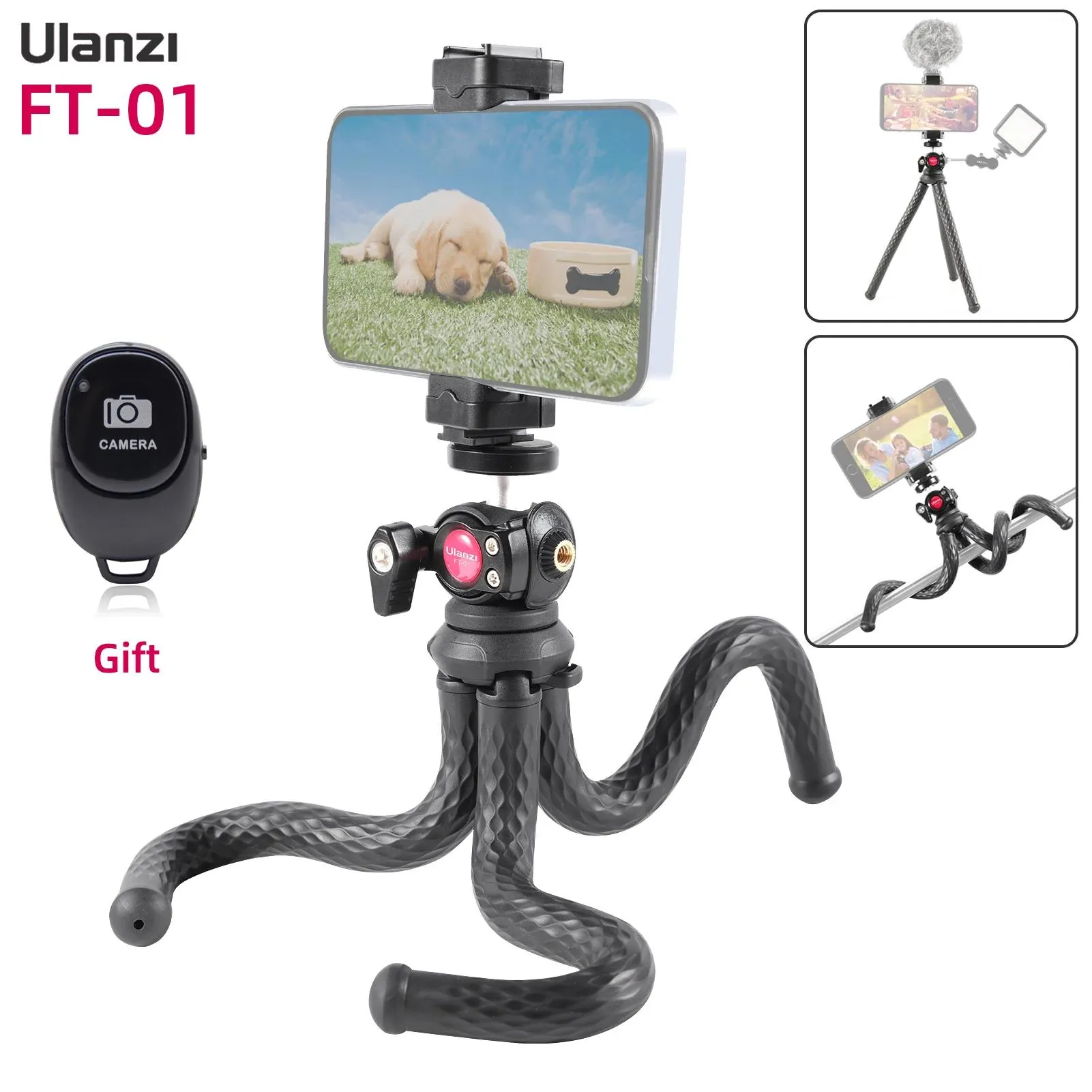 Accessori Ulanzi FT01 Polpo Treppiede Flessibile per Telefono DSLR con Vite da 1/4" Ballhead Cold Shoe Clip per Smartphone Selfie Stick Vlog