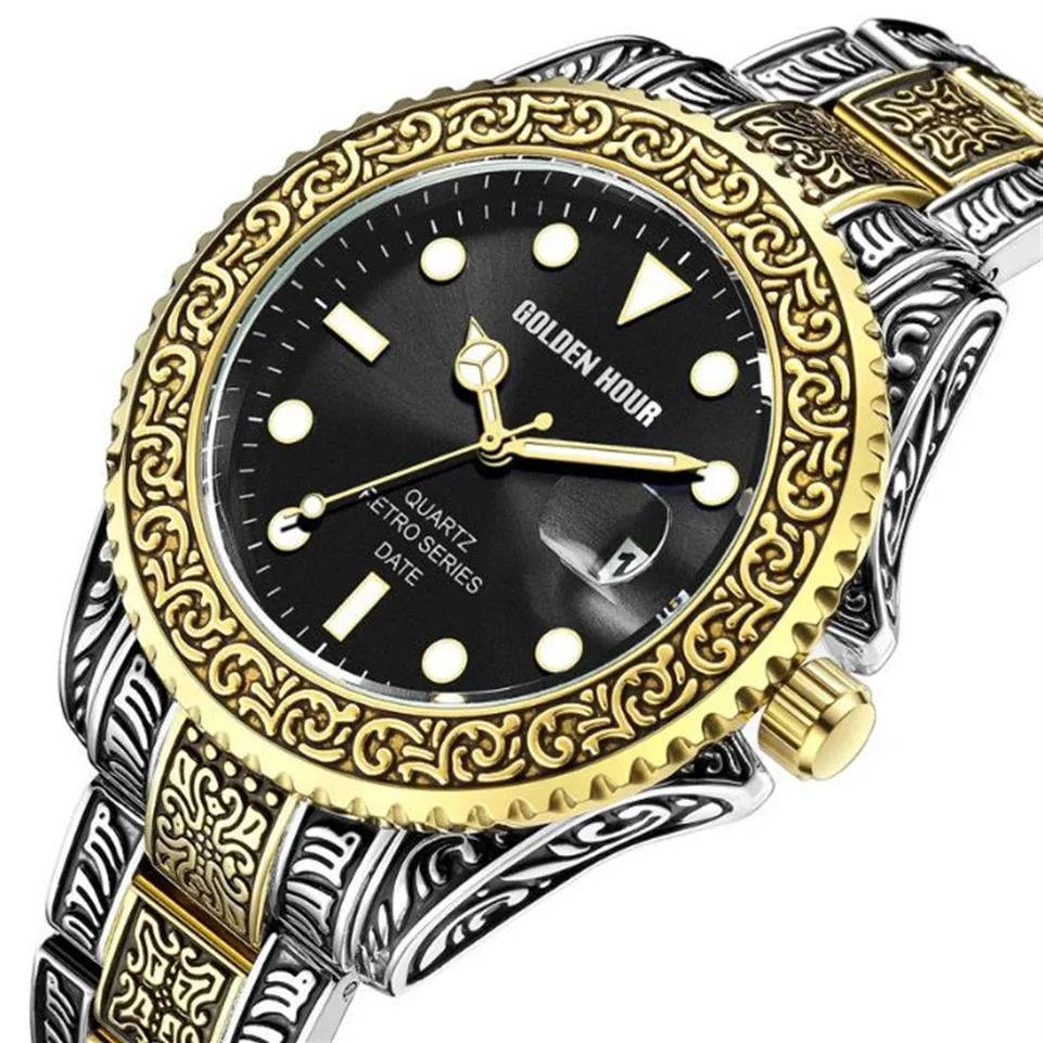GH132 Retro Style Classic Quartz CWP MENS Titta p rostfritt st l Band 43mm Diameter Man Watches Golden Hour Brand Calendar Dial WRI2335