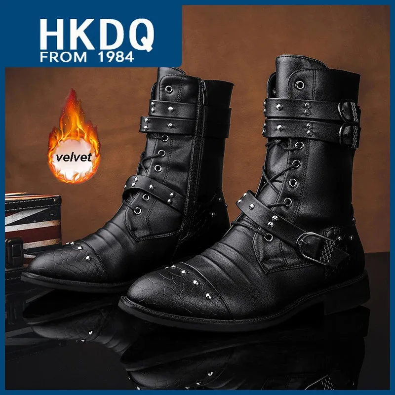 Boots HKDQ Winter Plus Velvet Motorcycle Boots Man Classic Black High Boots For Men Leather Rivet Punk Men's Biker Boot Warm Fur Boots 231216