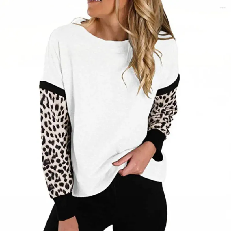 Damen Hoodies 2023 Herbst Einfache Polyester Leopard Patchwork Frauen Sweatshirt Langarm Top O Hals Lose Fit Casual Bluse Streetwear