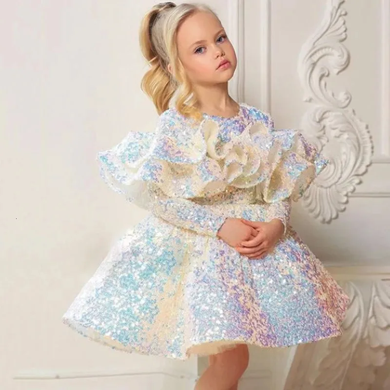 Girl s Dresses Girls Shiny Sequin Princess Dress 2023 Long Sleeve Baby Tutu Birthday Teen Ball Gown Dres Children Wedding Clothing 231215