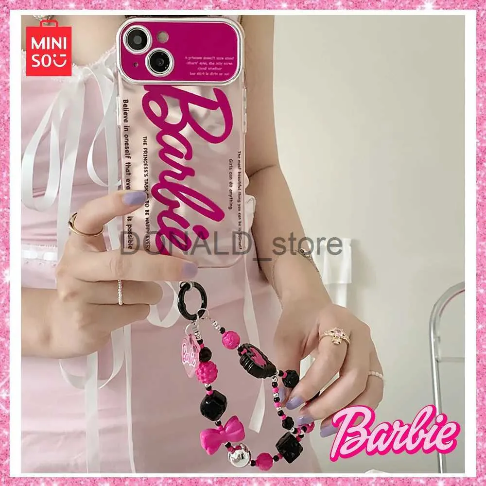 Étuis de téléphone portable Figurines de jouets d'action 2023 Nouveau Miniso Barbie Sweet Cool Girls Rose Chaîne anglaise Mode Iphone 131415 Étui de téléphone Anniversaire Noël Hallow J231216