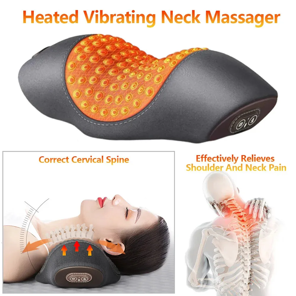 Massageando Travesseiros de Pescoço Massageador Elétrico Travesseiro Cervical Aquecimento Vibração Massagem Tração Traseira Relaxar Dormir Memória Espuma Suporte para Coluna 231215