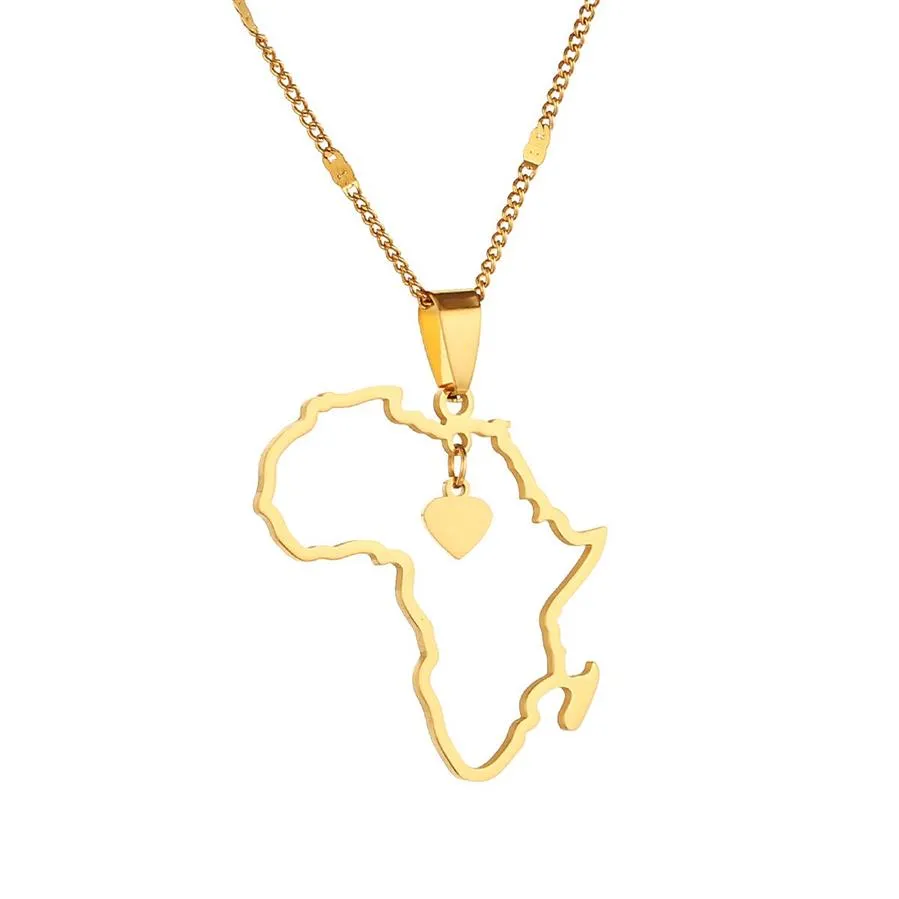 Collier pendentif carte africaine en acier inoxydable, bijoux à breloques en forme de cœur, carte du Continent africain pour femmes, bijoux 239E