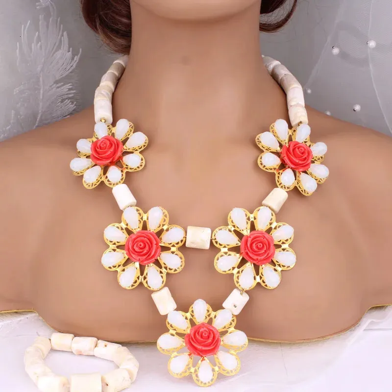 Long Style Coral Gold African Beads Necklace Jewelry Set Real Coral Beads  Necklace Set New Bridal Jewelry Sets