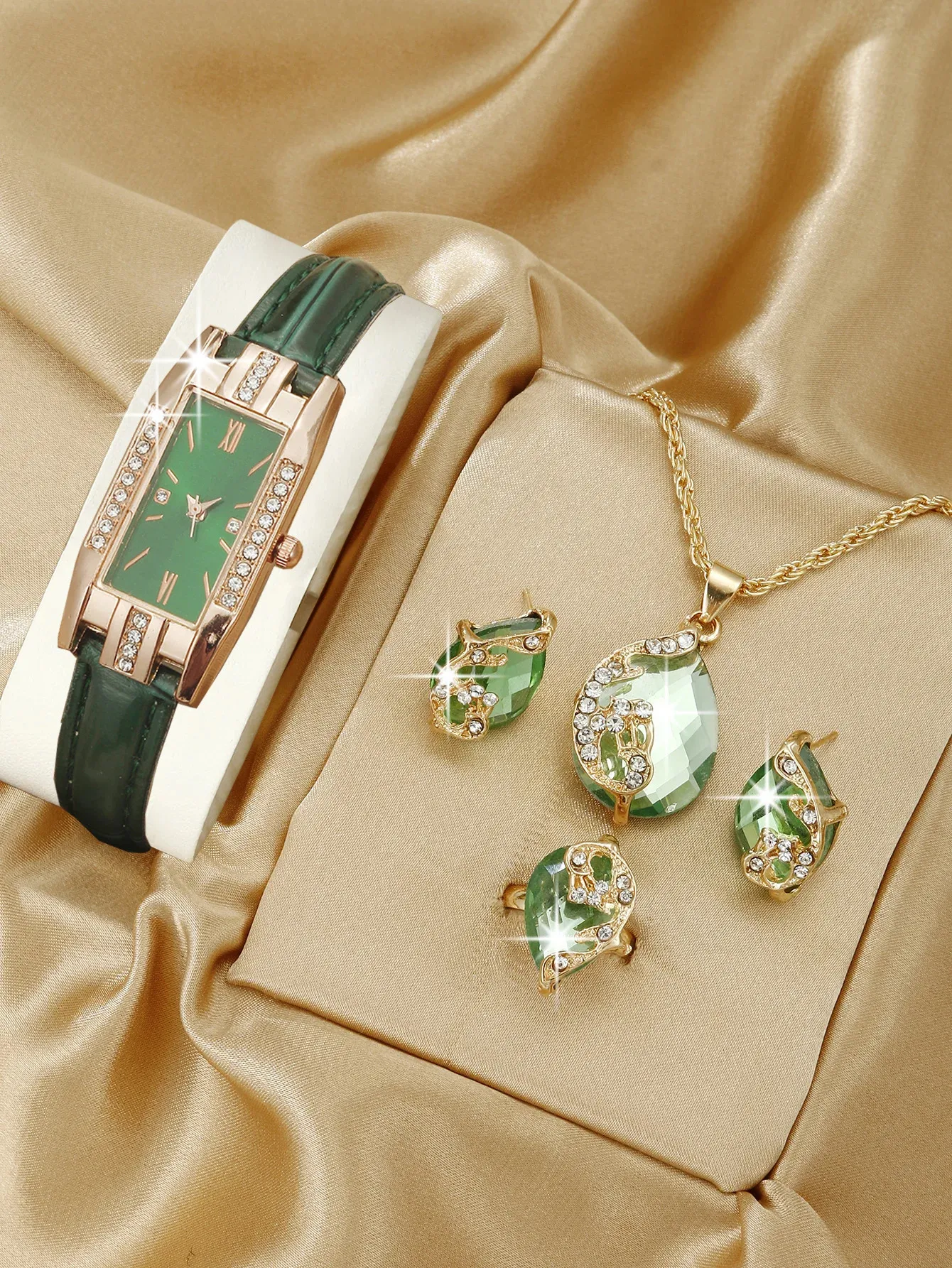 Otros relojes 5 unids / set moda mujer rectángulo damas negocios cuero verde reloj de cuarzo collar para mujer pendientes pulsera reloj de pulsera 231216