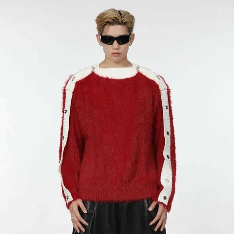 Męskie swetry Kilka Q jesienna zimowa metalowa guzika z ramion luźna konstrukcja Kontrast kolor mody pullover moda