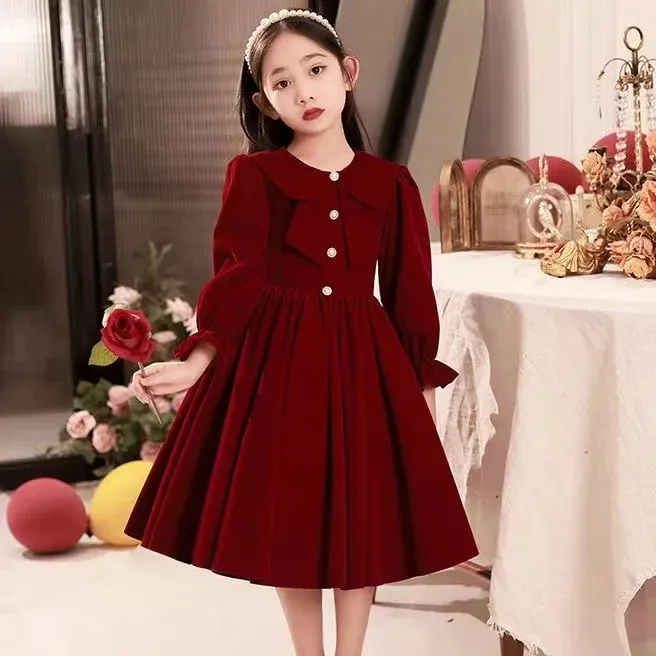 Kleider für Mädchen, Partykleid für Mädchen, Winter, Frühling, Kindergeburtstagskleidung, dick, warm, plus Samt, formelle Kinderkleider für Mädchen, Burgunderrot, 231215