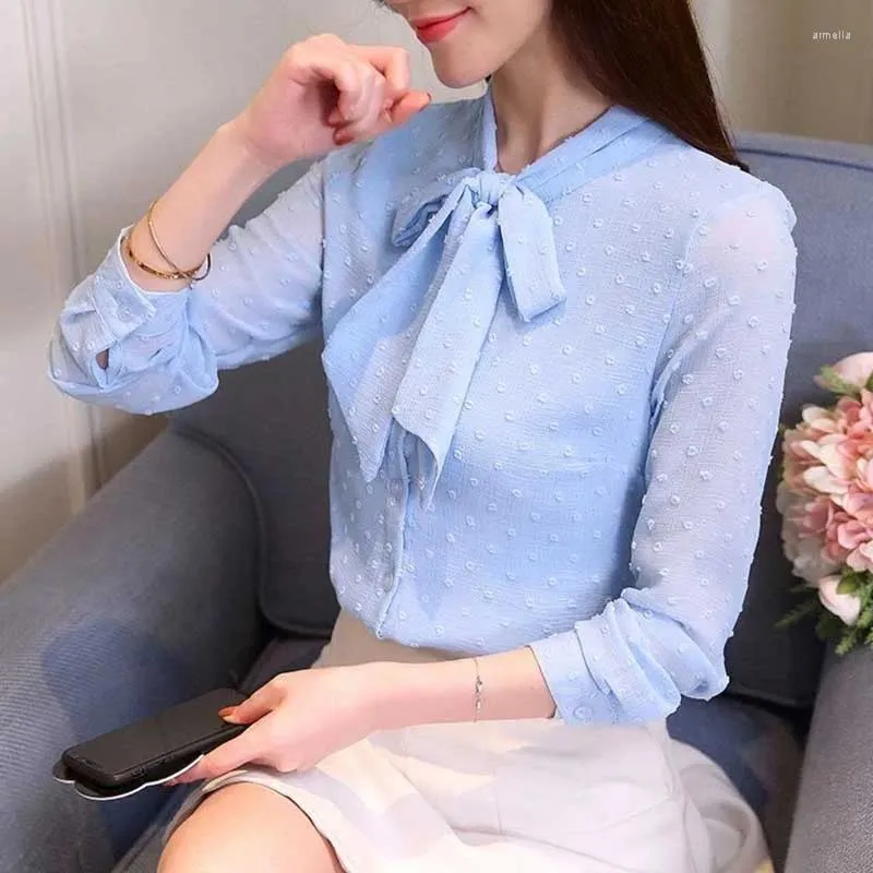 Blusas femininas elegantes colarinho de lenço elegante gaze de laca de lacta de arco de arco de arco 2024 Spring Loose All-Match Tops coreanos coreanos