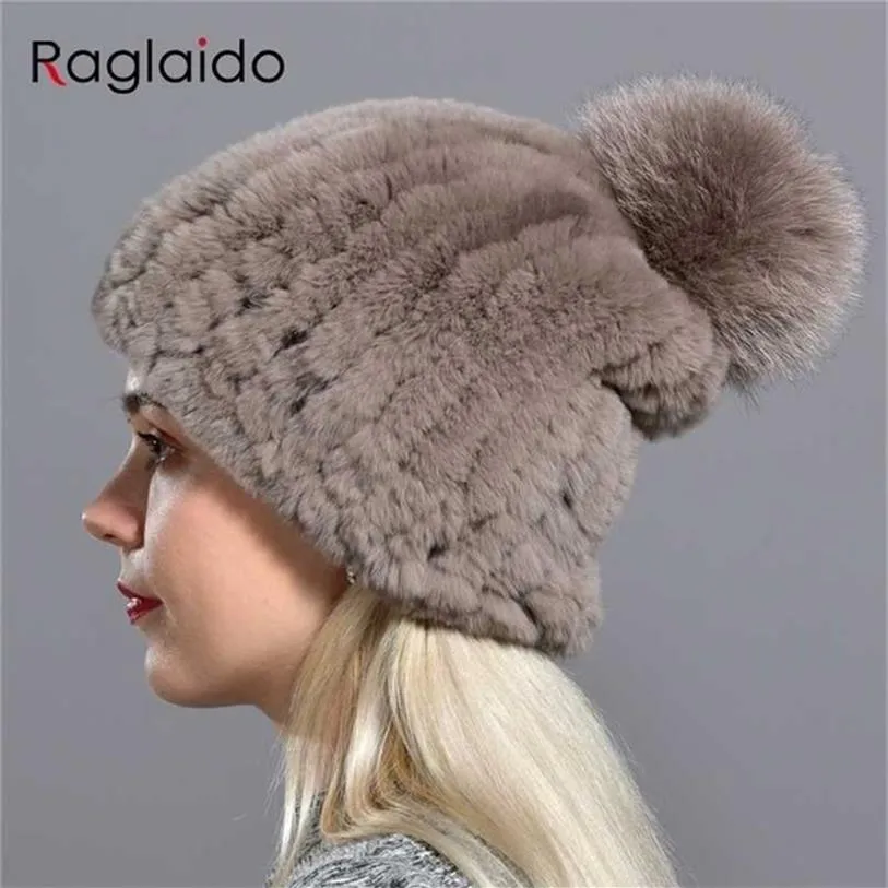 Raglaido Knitted Pompom Hats for Women Beanies Solid Elastic Rex Rabbit Fur Caps Winter Hat Skullies Fashion Accessories LQ11219 2244K