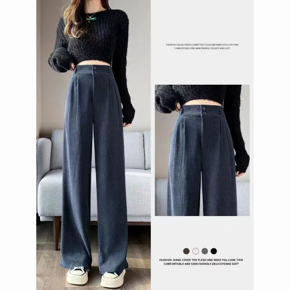 Korean Fashion Women's Pants Winter Plus Velvet Wide Leg Pants Winter Warm Casual Pant High Waist Straight Women Loose Trousers