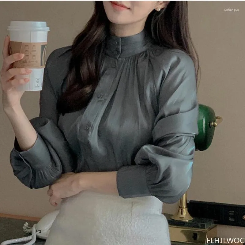 Damesblouses Zacht zoet Koreaans chique overhemd Lantaarnmouwen Helder Basic Halfhoge hals Knoop Elegant Retro Vintage Tops Blouse