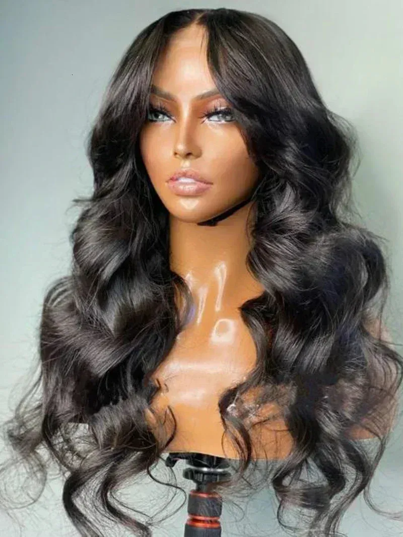 Perruques synthétiques Perruque body wave noire avec front en dentelle synthétique adaptée aux femmes naissance des cheveux naturelle sans colle cheveux de bébé résistant à la chaleur jeu de rôle de fête 231215