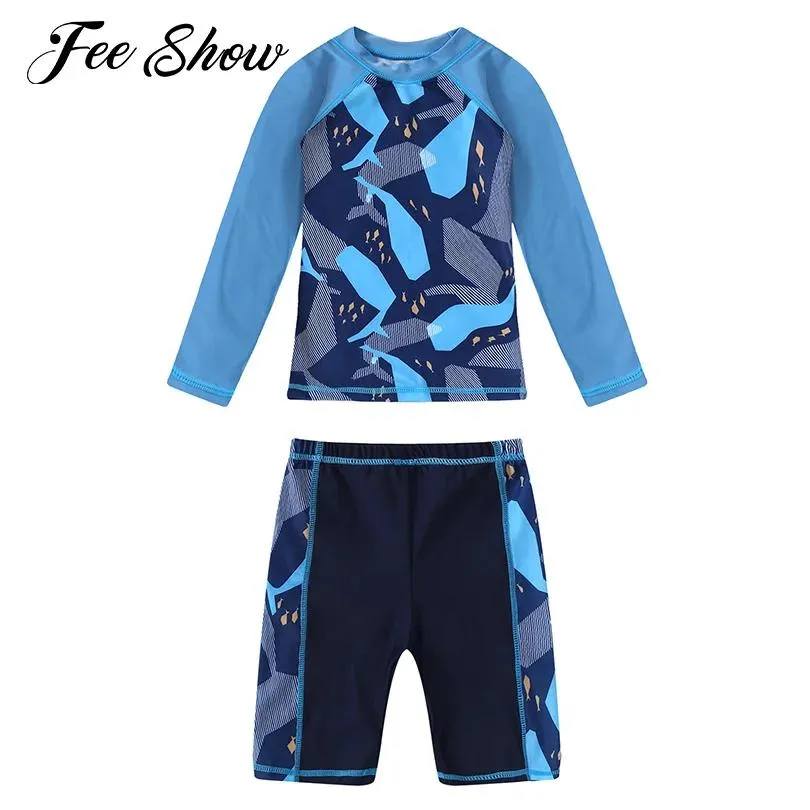 Separerar Summer Kids Boys Rashguard Swimewear Long Sleeve Tops Shorts Cartoon Print Swimming Beach Party Bading Swimsuit Rash Guards