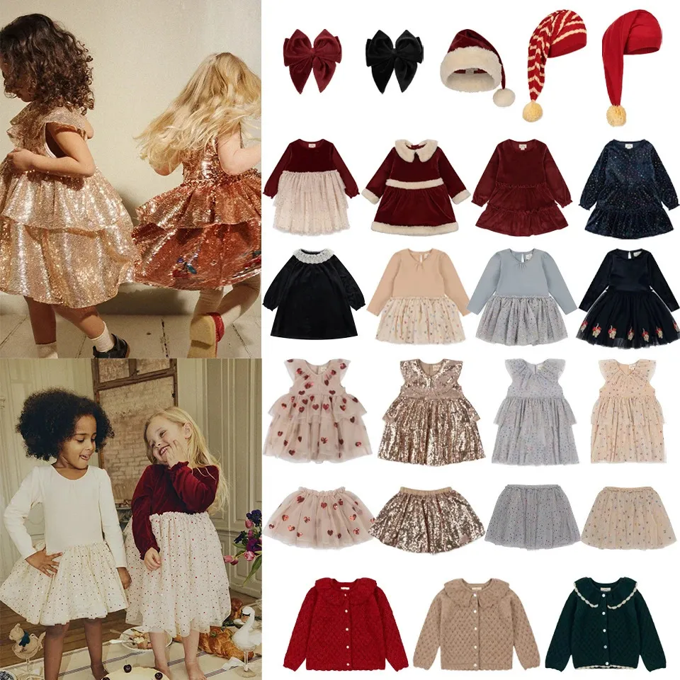 Flickans klänningar 2023 Konges Slojd Kids Cat Mesh Dress KS Christmas Girls Love Paljett Barn Prinsessan LAPEL KNIT BABY Söt Romper 231215