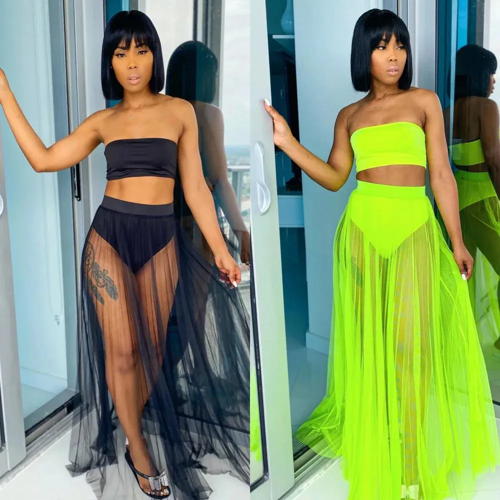 Swimwear Summer Beach Outfits Sexy Neon Clothes Strapless Crop Top Mesh Pleated Skirt Women Two Piece Sets Party Clubwear