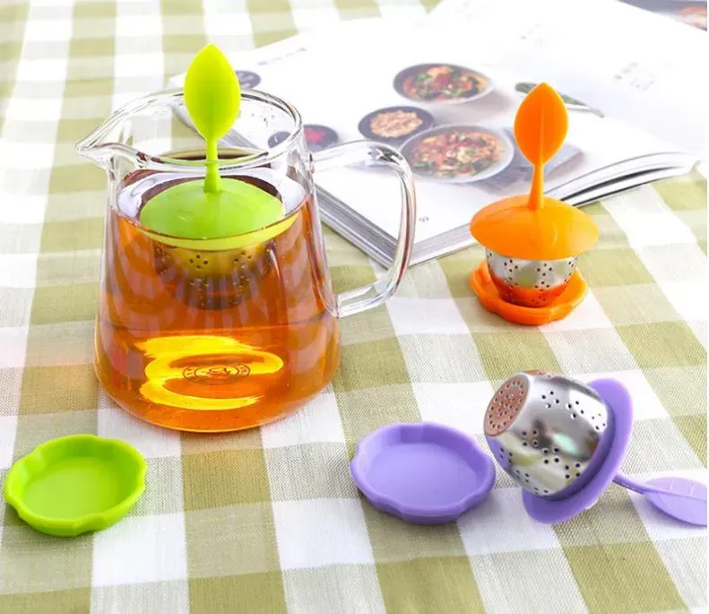 Silicone Tea Infuser Sweet Leaf Cute Teapot Filter Teapot with Drop Tray Herbal Tea Coffee Filter Drinkware Tea Strainer 1215