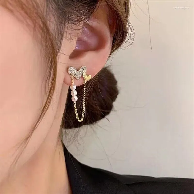 Boucles d'oreilles pendantes pour femmes, couleur or, clou d'amoureux, cœur, Zircon, Piercing, chaîne à pampilles, bijoux de fête, vente en gros, 2024