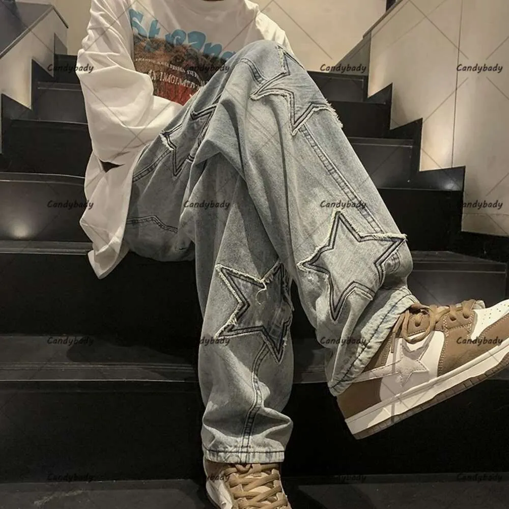 Y2K Streetwear Men baggy Jean American High Street Trend Star Patch rakt Löst mångsidig bredbensbyxa för att slå golvet