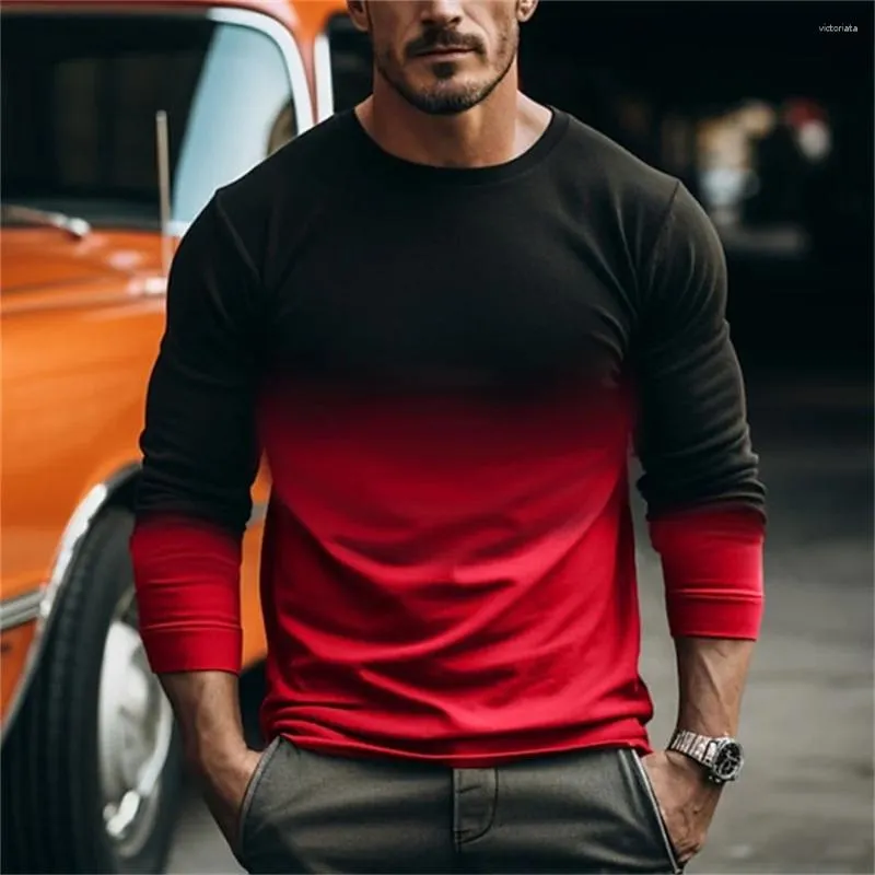 남성용 T 셔츠 대형 티셔츠 남자 긴 슬리브 그라디언트 컬러 프린트 티 탑 캐주얼 남성 고품질 Tshirt 3D 그래픽 O- 넥 의류