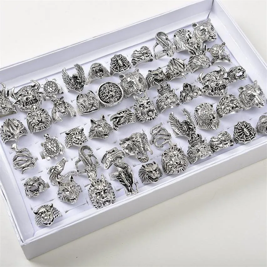 50pcs wiele Pierścienie zwierząt vintage punk gotycka mieszanka smok Wolf Tiger Dog Lion Owl Mix Style metal biżuteria dla mężczyzn Women289s