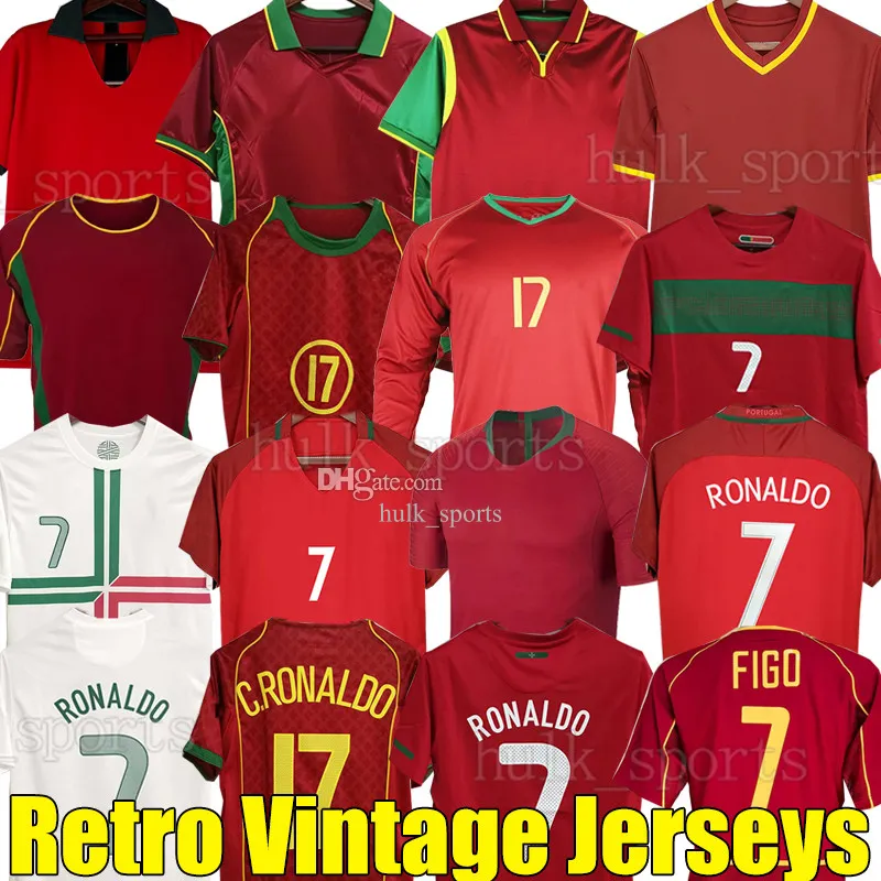 Maillots de football rétro 1972 98 99 2000 02 04 06 10 12 16 18 Portugals Rui Costa Figo Nani J.Moutinho PAULETA DECO NUNO GOMES Chemise de football vintage classique manches longues