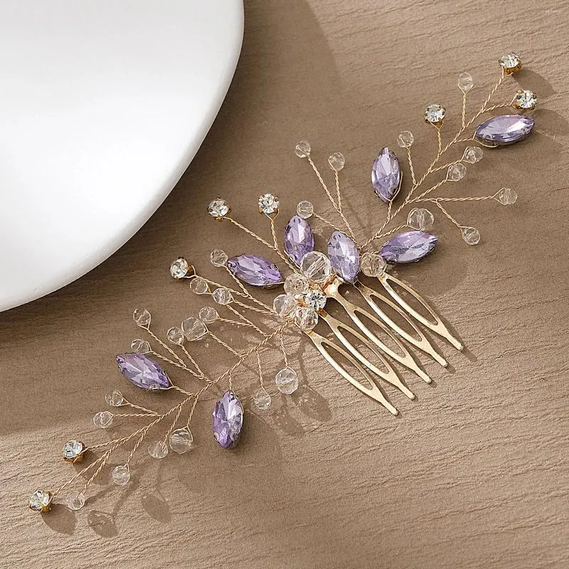 Hair Clips Purple Crystal Wedding Comb Women Handmade Bridal Headpiece Rhinestone Bride Head Accessories Jewelry Headdress